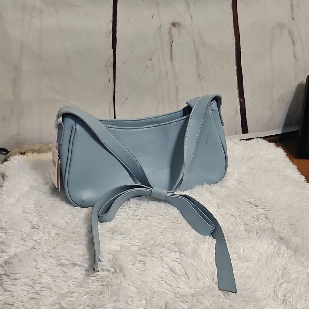 Mali + Lili Baby Blue Faux Leather Shoulder Bag with Bow Detail